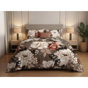 Pościel bawełna satynowa 160x200 brązowe kwiaty z prześcieradłem – elegancki komplet 4cz PK435